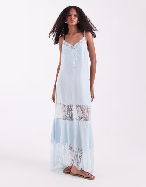 lace inserts handkerchief hem maxi dress in blue