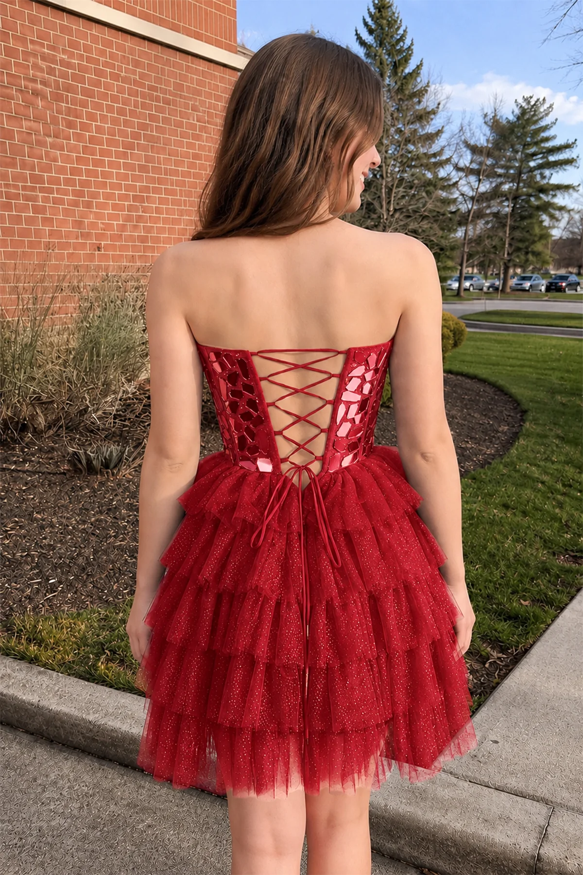 Sparkly Champagne Sweetheart A-Line Tulle Tiered Homecoming Dress