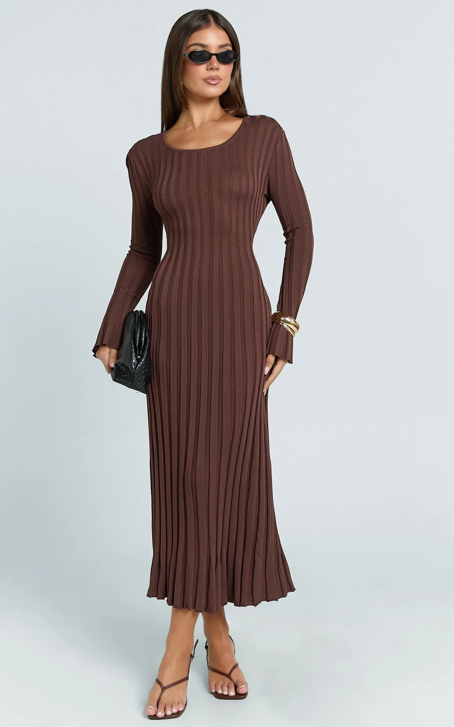 Blaire Midi Dress - Long Sleeve Tie Back Flare Dress in Dark Chocolate
