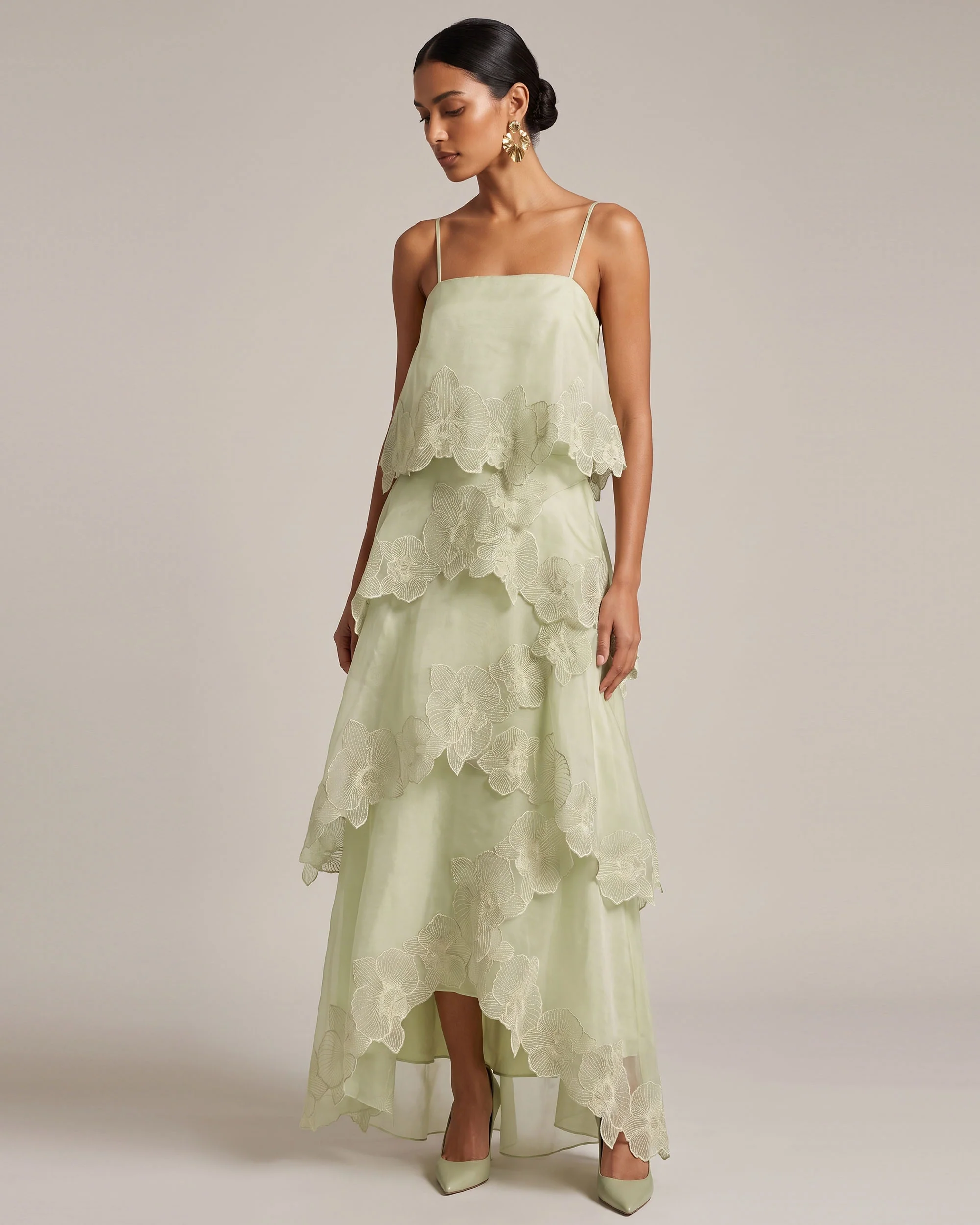 Orchid Embroidered Layered Maxi Dress - Light Green - FASHION NOB