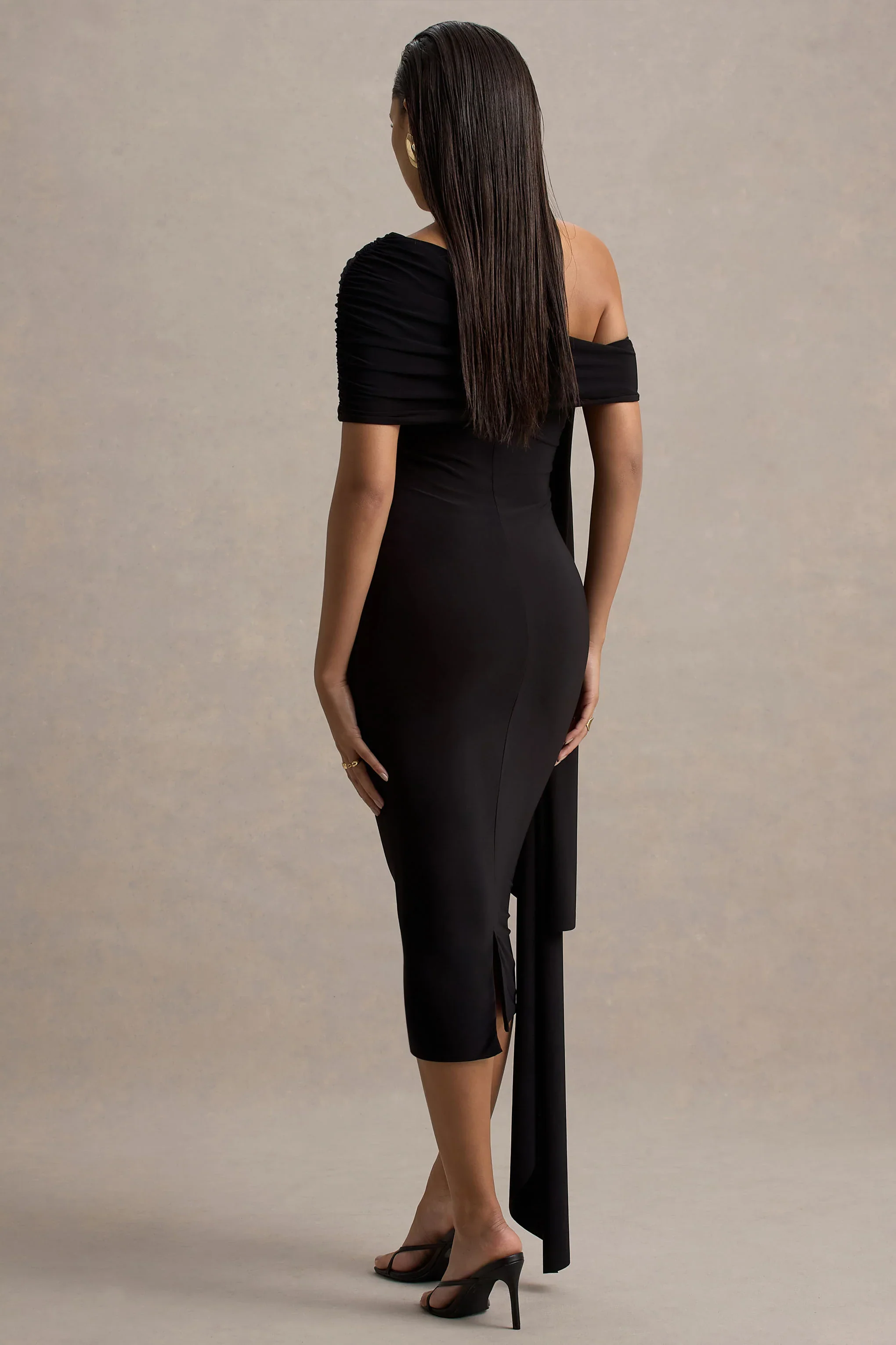 Vallea | Black One-Shoulder Draped Midi Dress