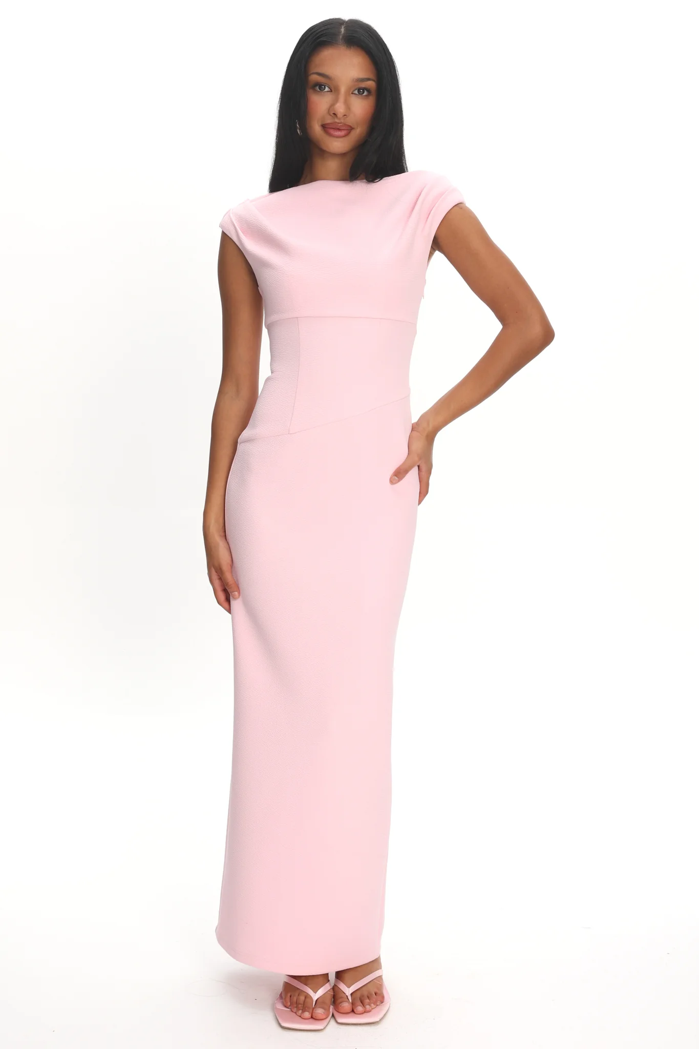 Milos Cap Sleeve Maxi Dress Textured Pink - FASHION NOB