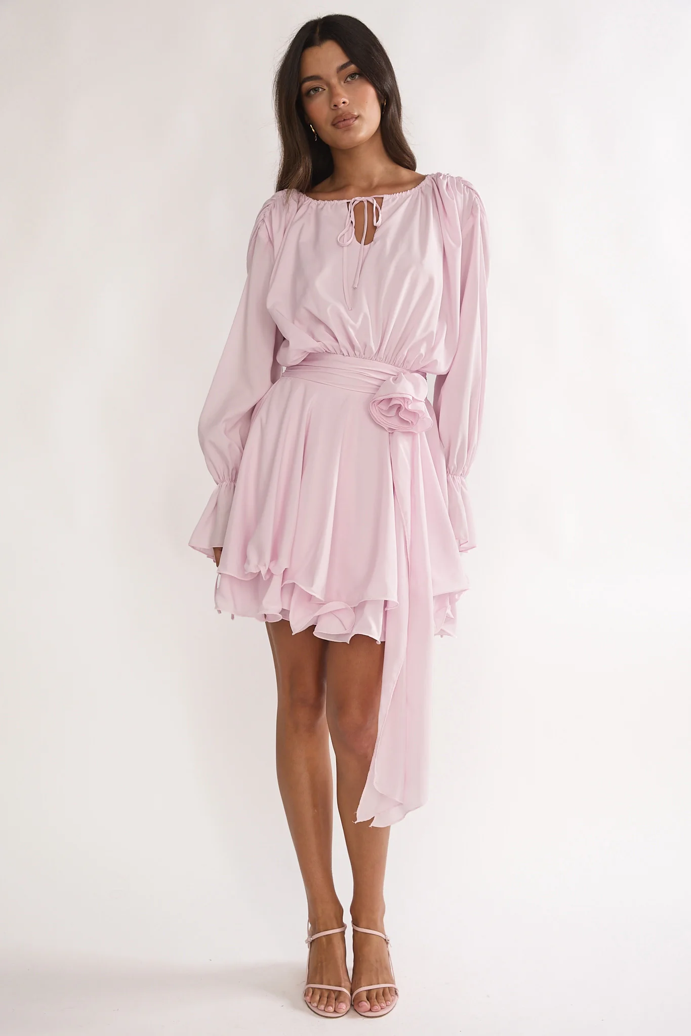 Maeva Long Balloon Sleeve Rosette Mini Dress Baby Pink - luluinthesky