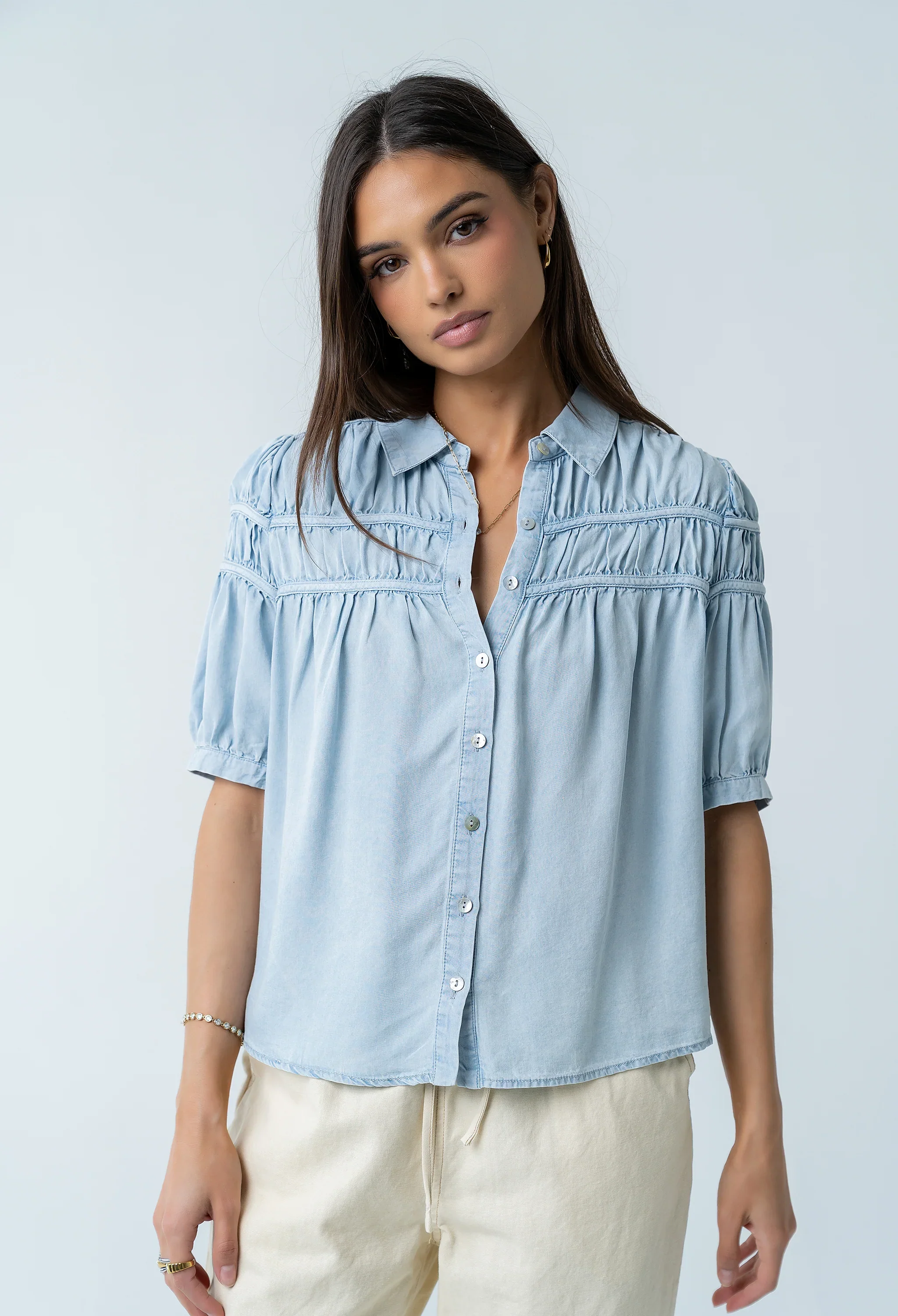 Whitney Button Up Blouse in Light Wash