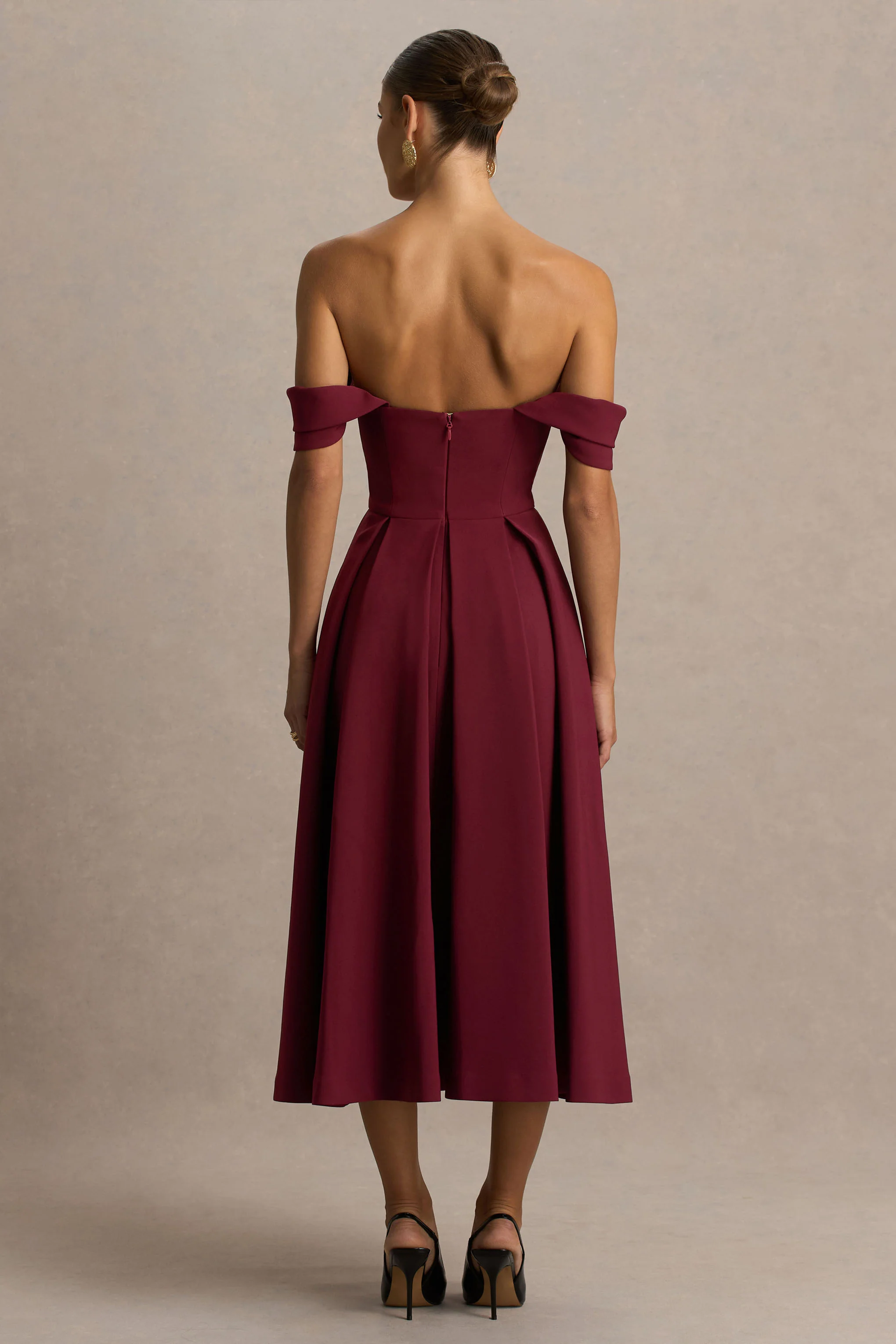 Cosima | Burgundy Bardot-Neck Midi Dress
