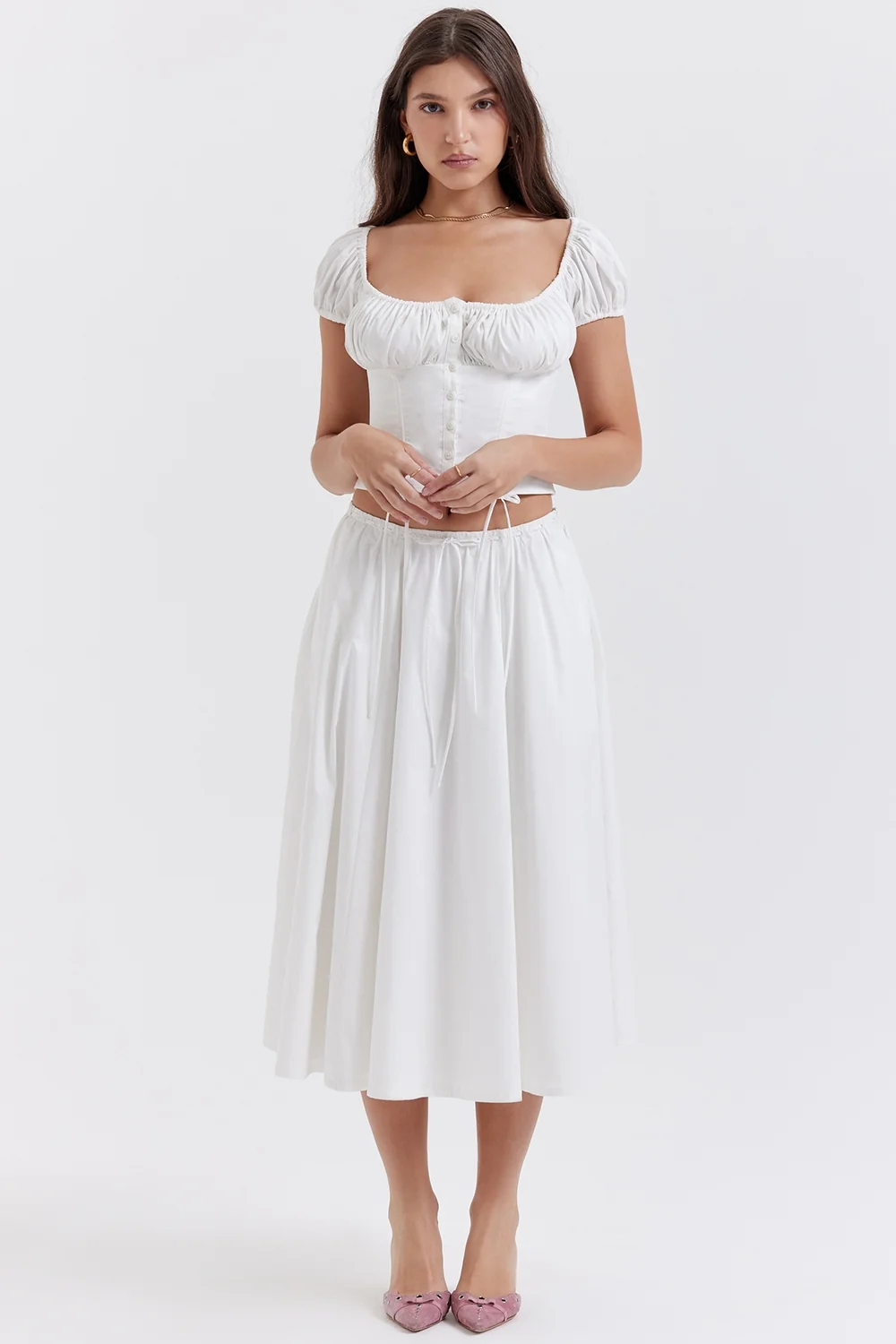 White Gathered Midi Skirt