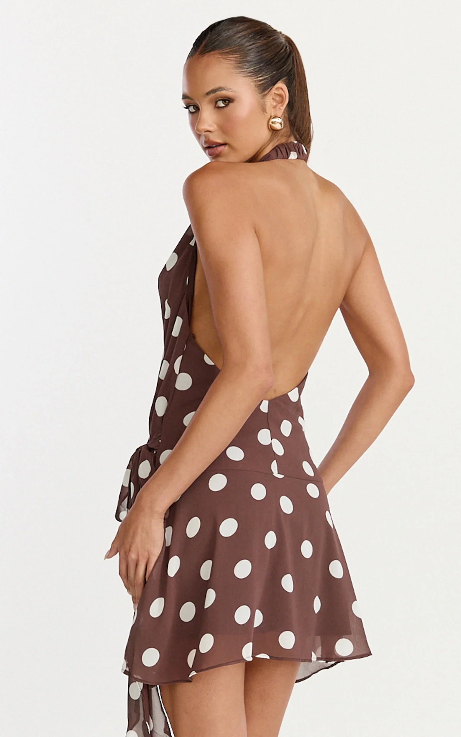 Lia Mini Dress - Wrap Around Dress in Choc Polka Dot