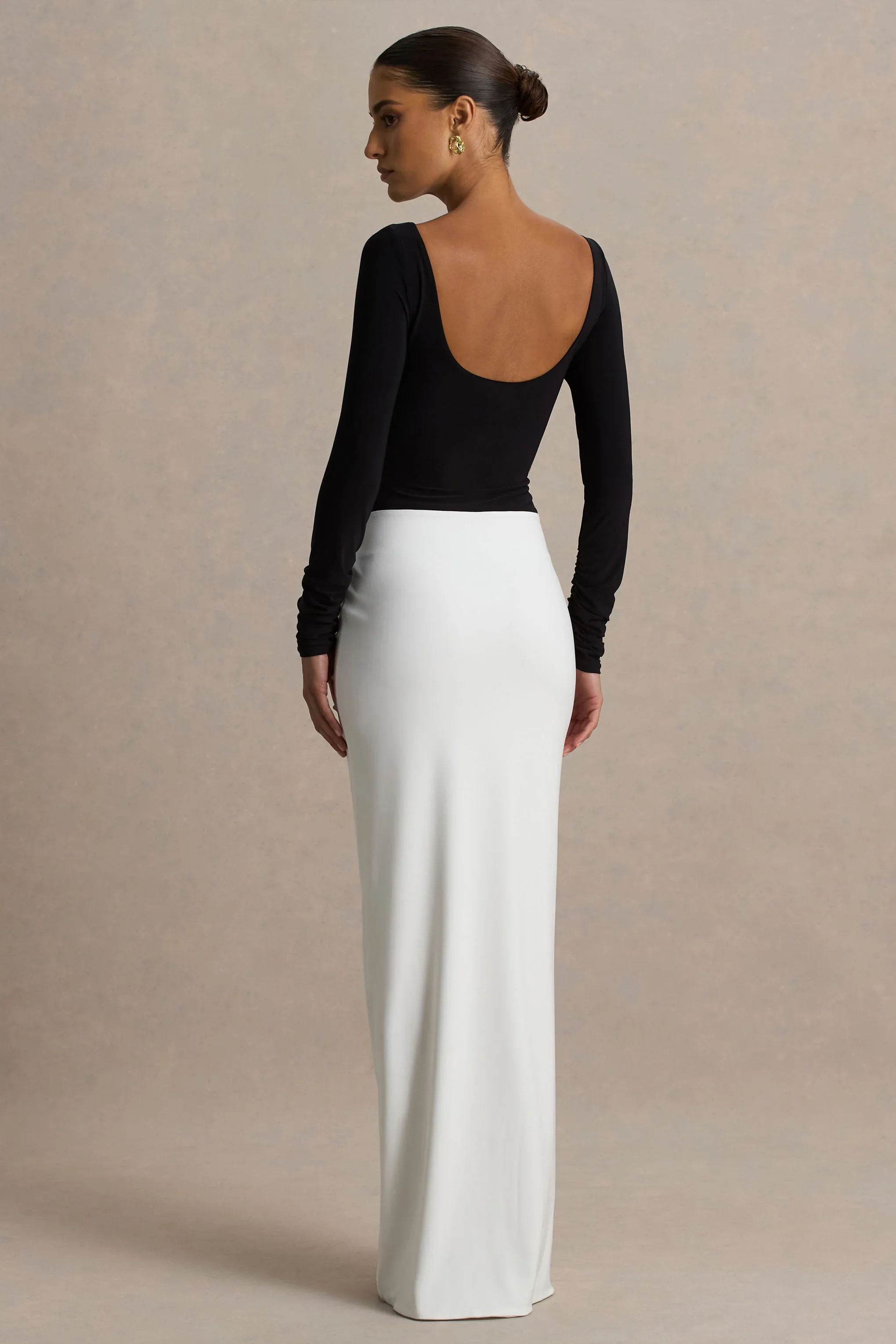 Matilda | Black And White Boat-Neck Maxi Dress With Ruched Detailing