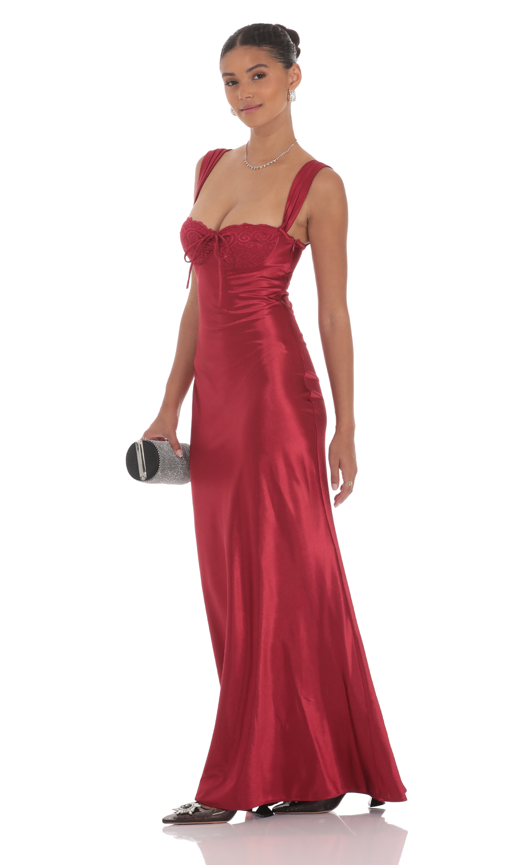 Satin Lace-Bust Dress in Red - luluinthesky