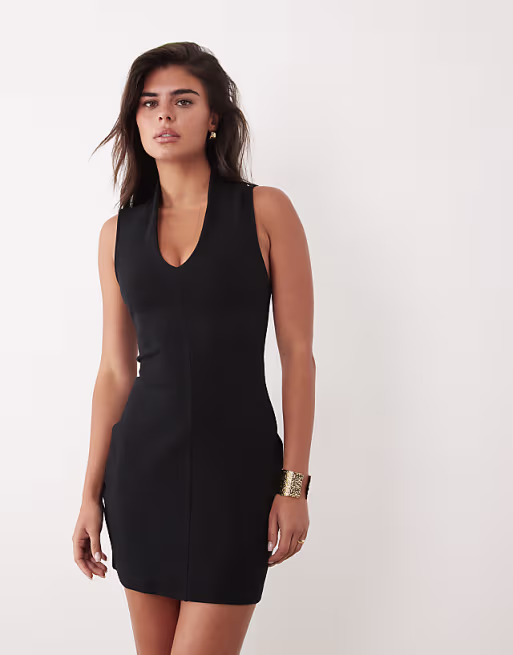 plunge front grown-on neck mini dress in black
