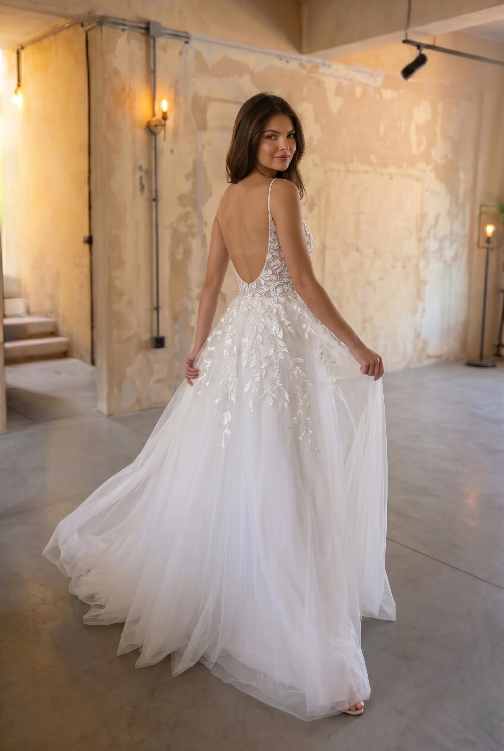 A-Line Sweep-Brush Train Lace Tulle Wedding Dress CW3103