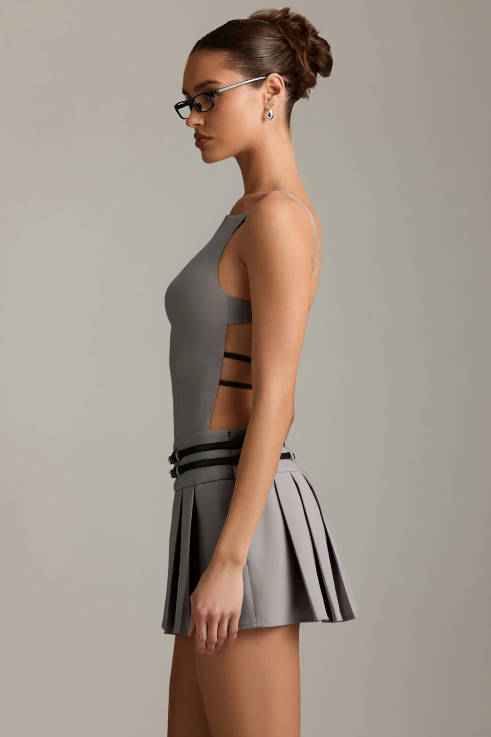 Belted Backless Pleated Mini Dress in Grey