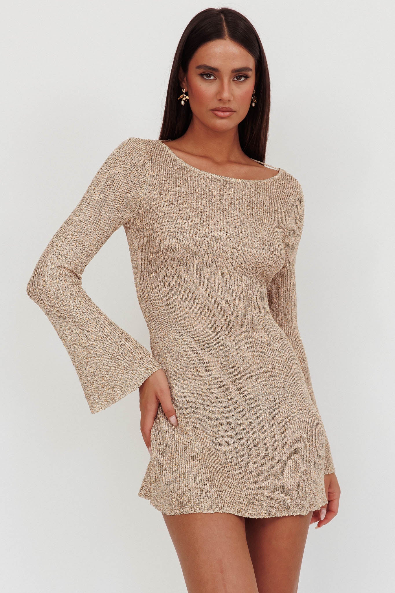 Cosmic Scoop Back Sequin Knit Mini Dress Gold - luluinthesky