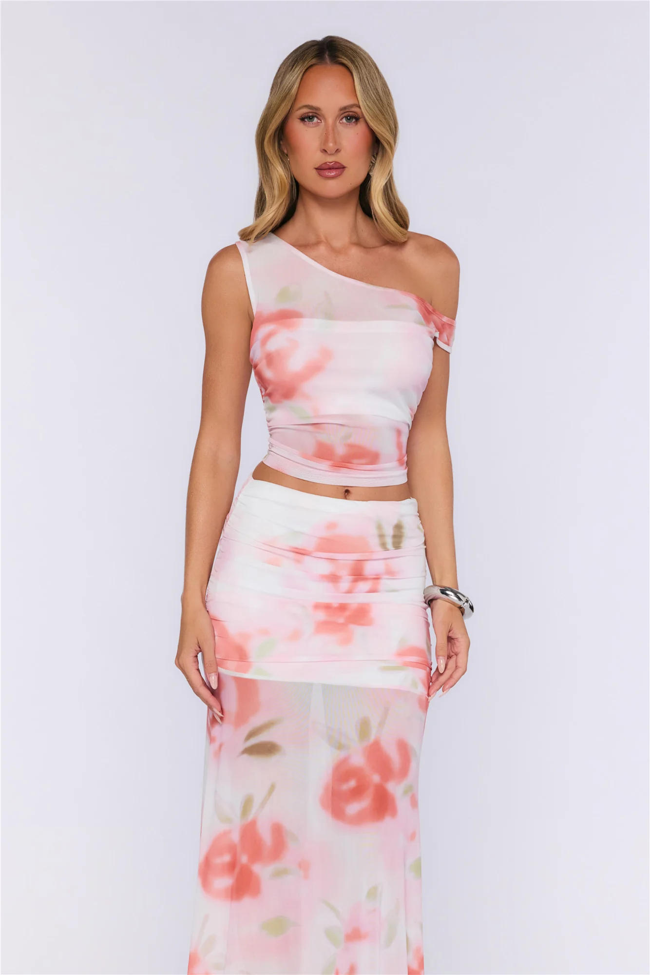 Good Idea Mesh Off Shoulder Top Pink Floral