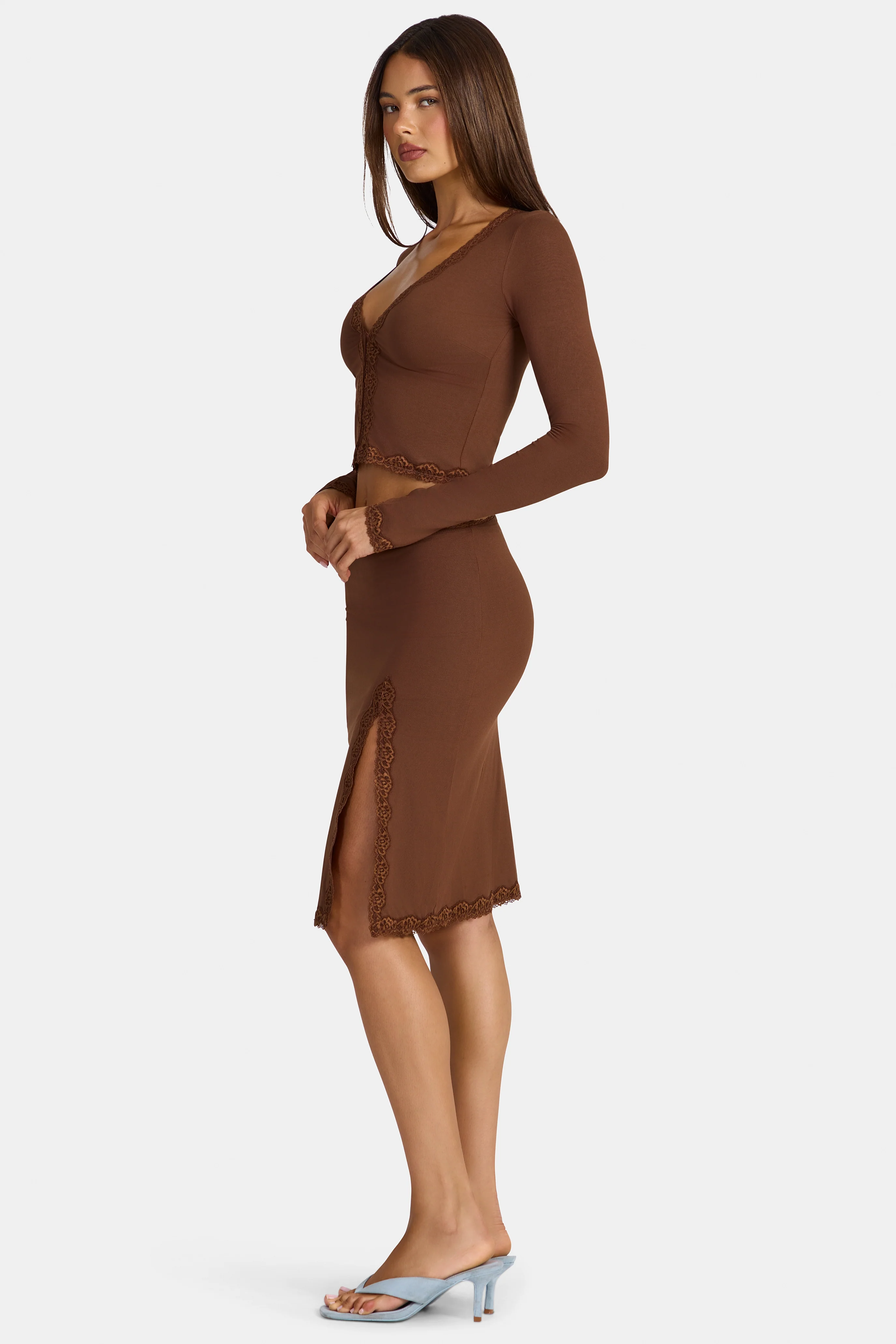 Modal Lace-Trim Low-Rise Midi Skirt in Cocoa Brown