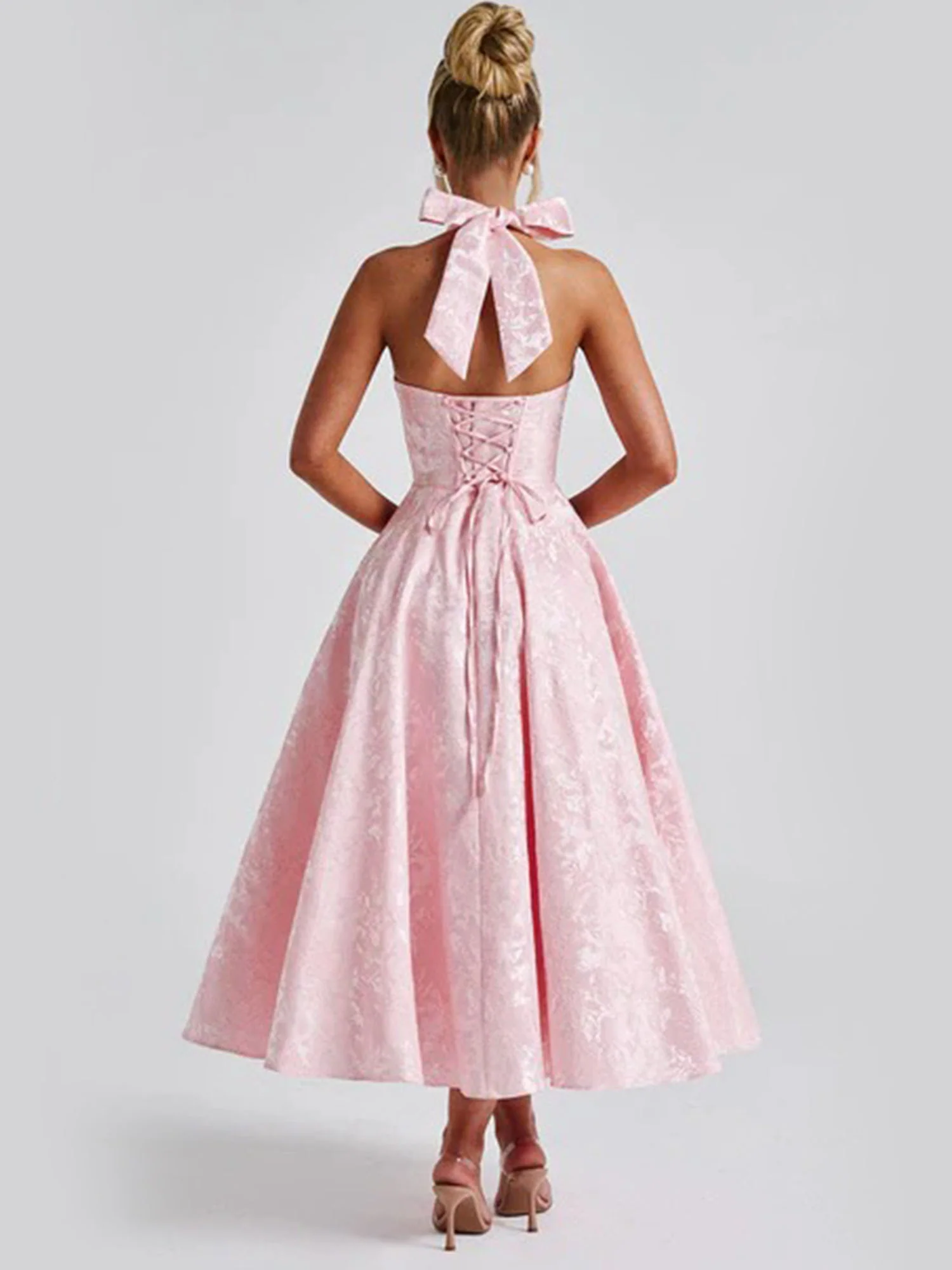 Pink Halter Flared Midi Dress
