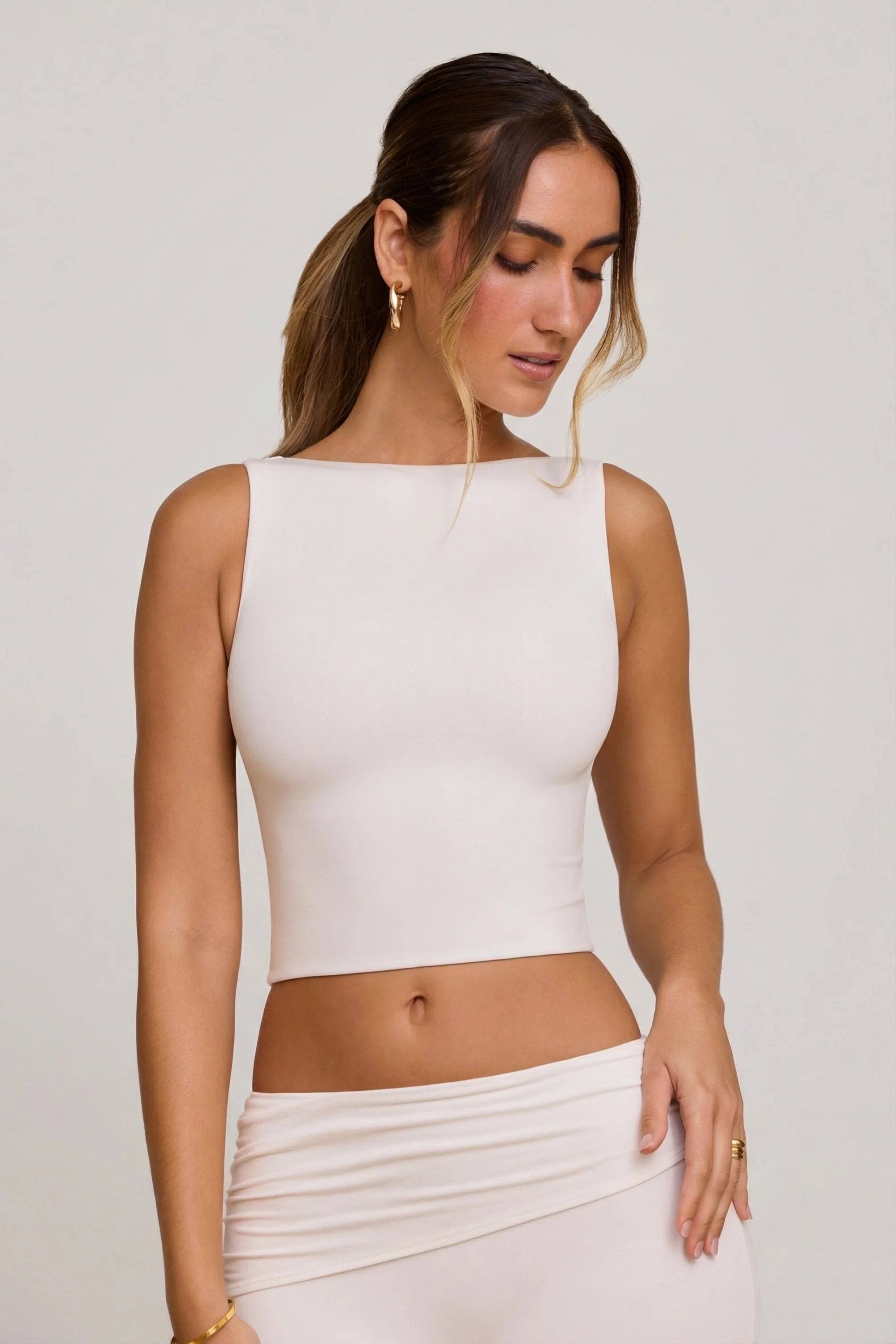 High Neck Open Back Crop Top in White