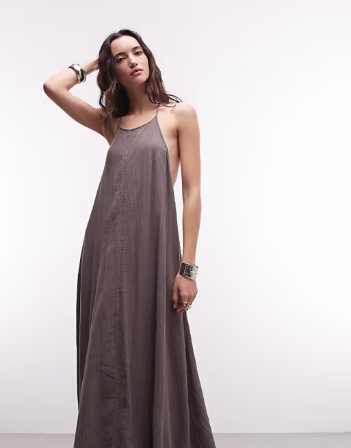 Weekday crinkle halter racer back maxi dress in dark mole