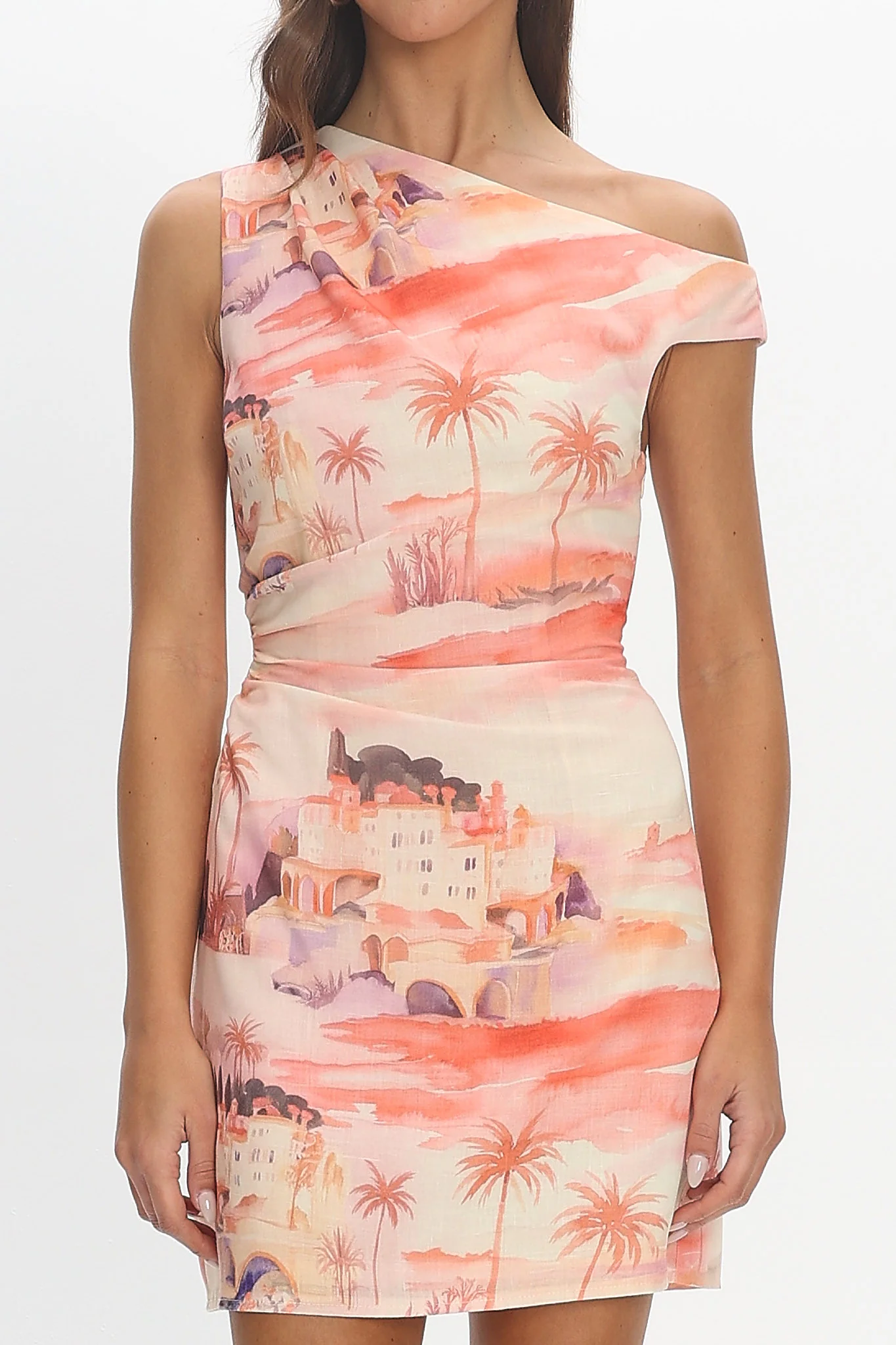 Heaven Asymmetric Watercolour Print Mini Dress Blush