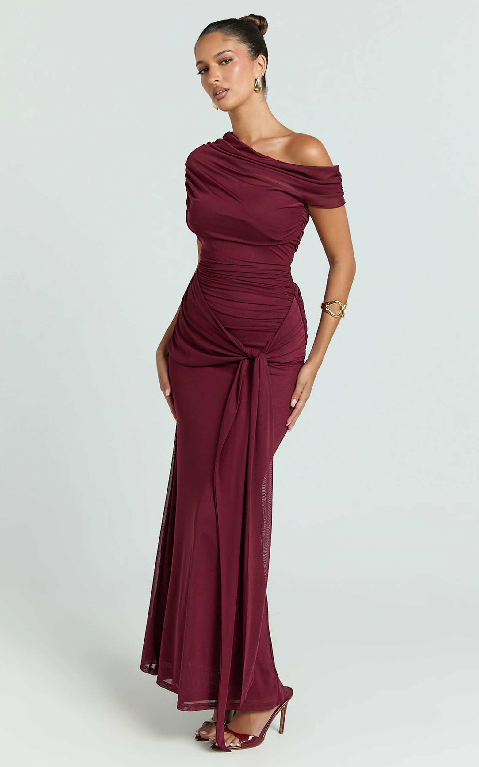 Nicolette Maxi Dress - Cape Sleeve Off Shoulder Dress in Wine