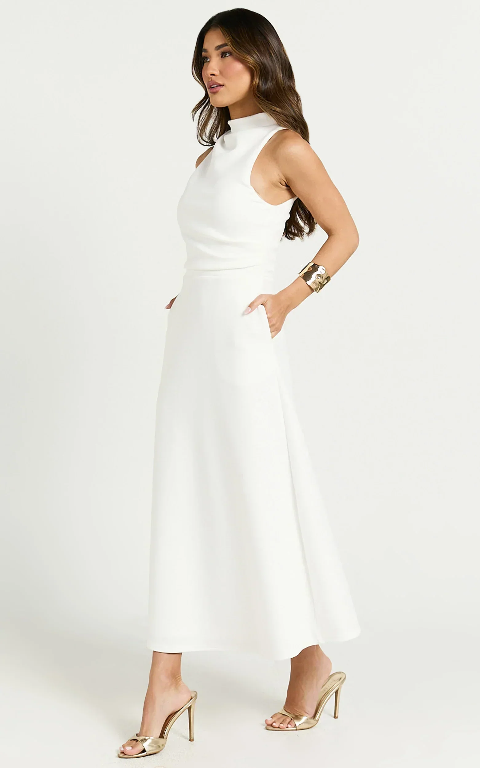 Macy Midi Dress High Neck A Line Dress in Off White - luluinthesky