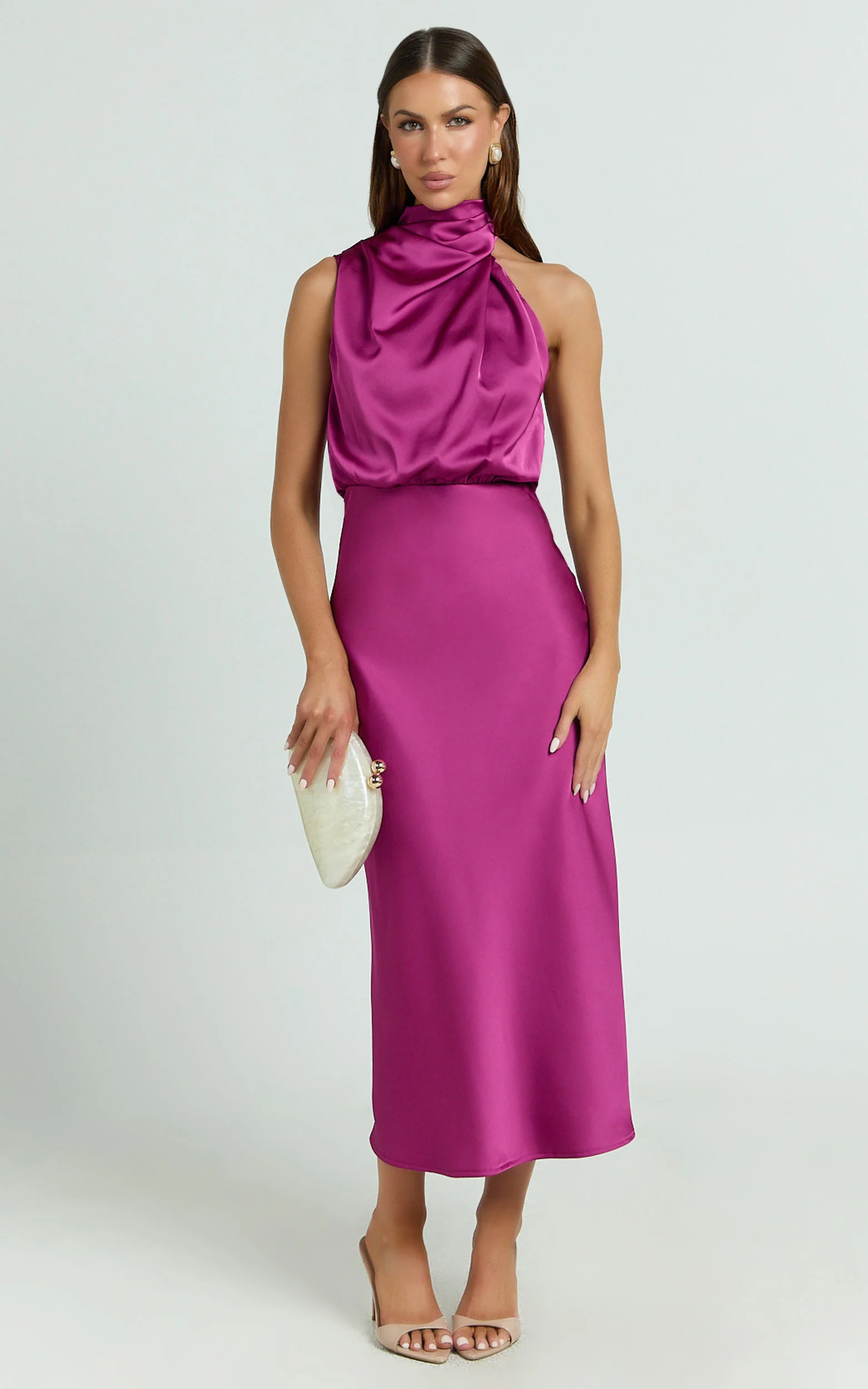 Minnie Midi Dress - Drape Neck Satin Slip Dress in Purple