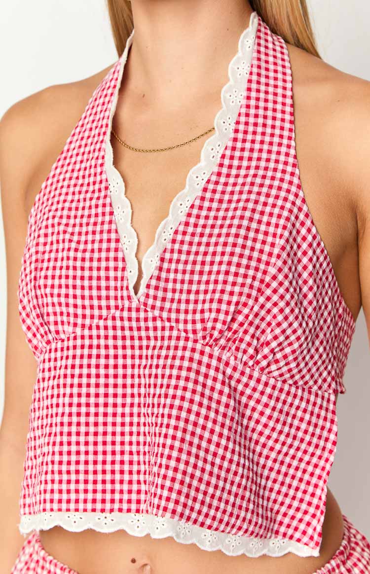 Arnie Red Gingham Broderie Lace Halter Top - luluinthesky