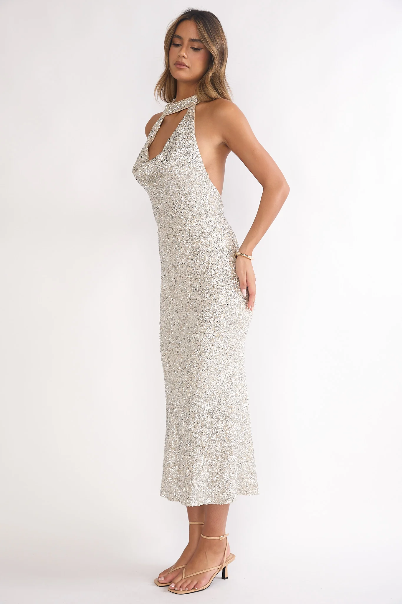 Sky Of Diamonds Backless Midi Dress Sequin Silver
