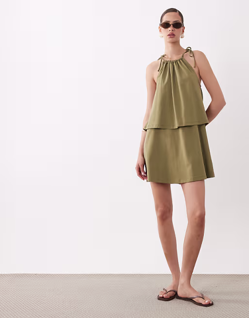tie neck baby doll mini dress