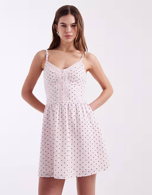 Hollister strappy button front mini dress in pink polka dot