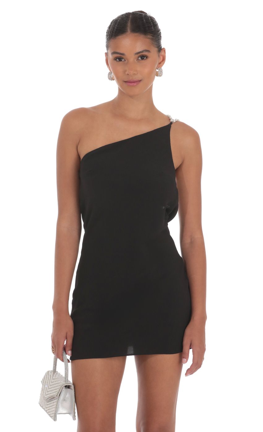 Pearl One Shoulder Satin Dress in Black