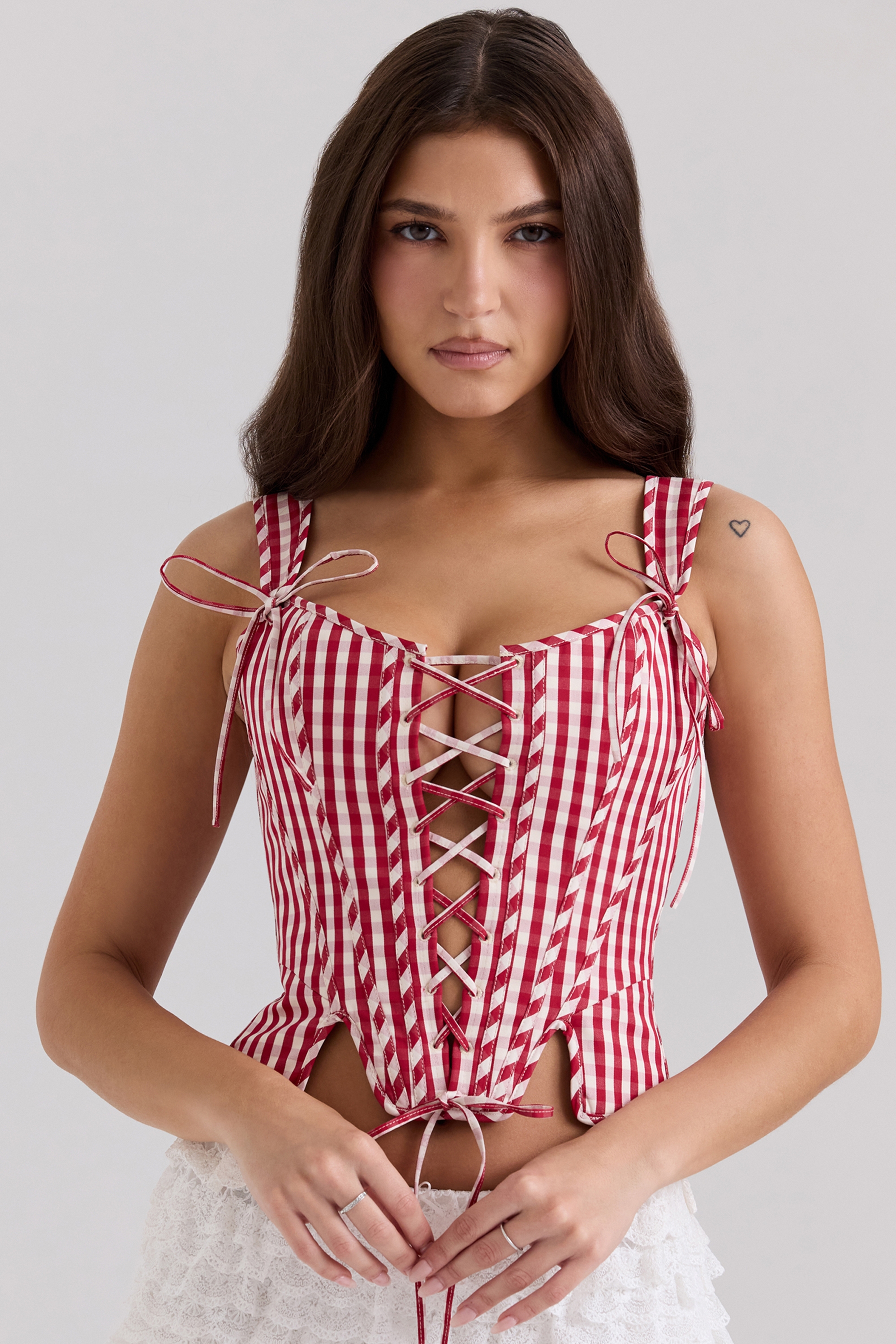 red gingham cotton corset top