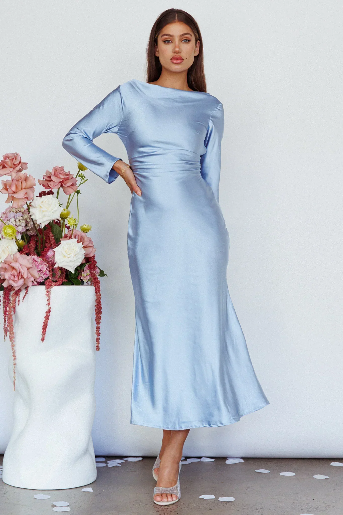 Loveland Cowl Back Midi Dress Ice - luluinthesky