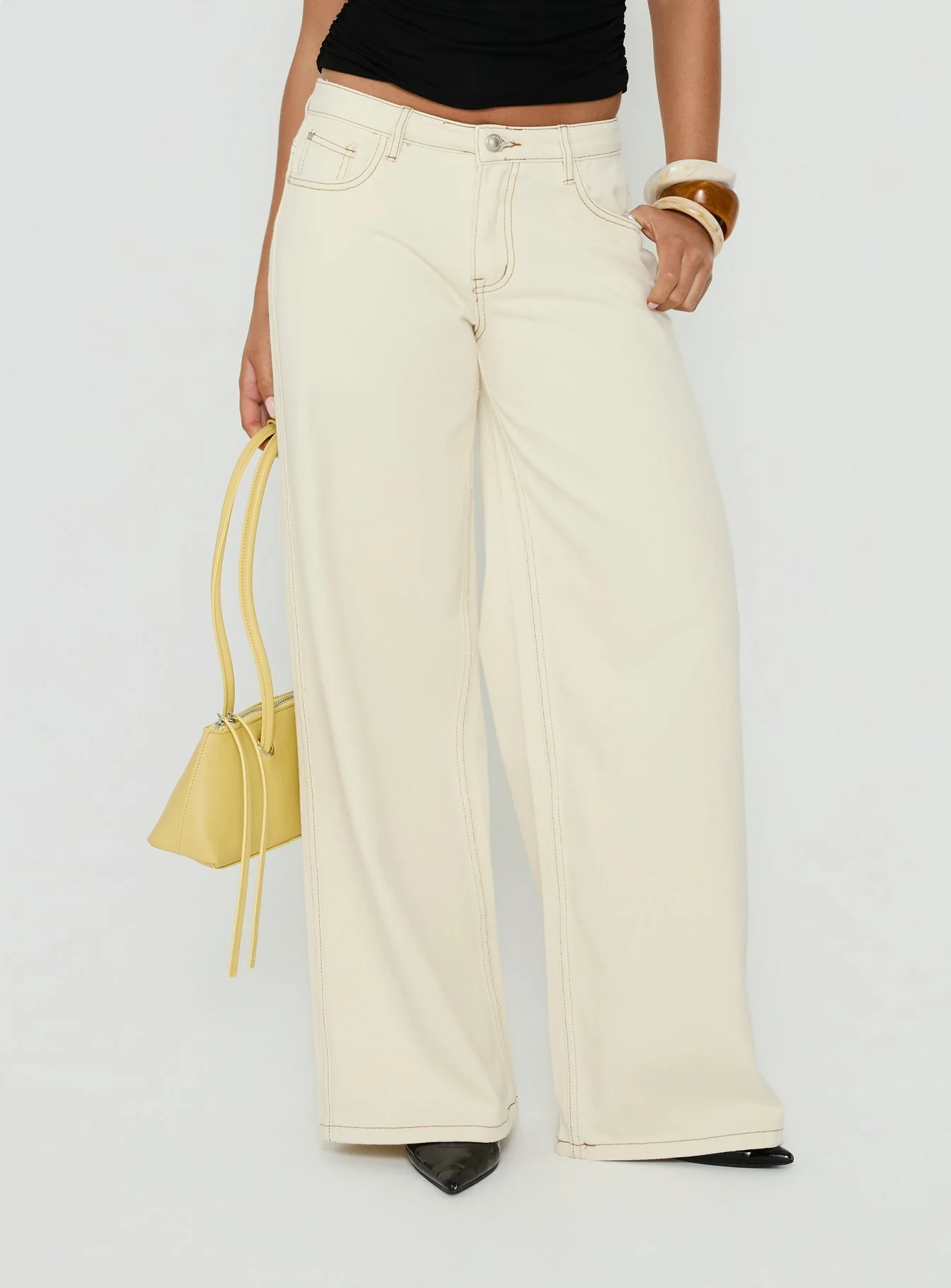 Ramos Low Rise Wide Leg Denim Jeans Cream