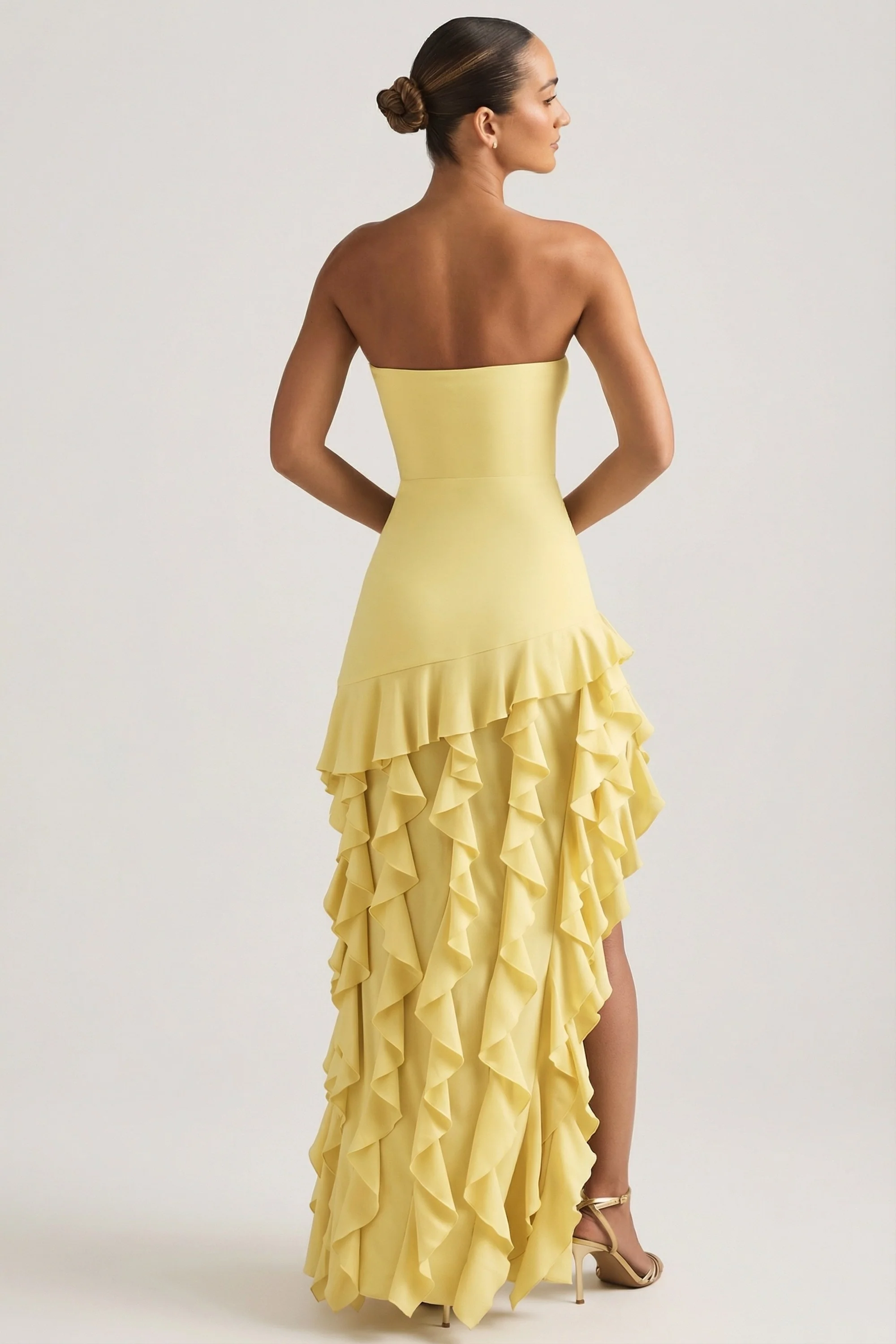 Ruffle-Trim Strapless Gown in Pastel Yellow