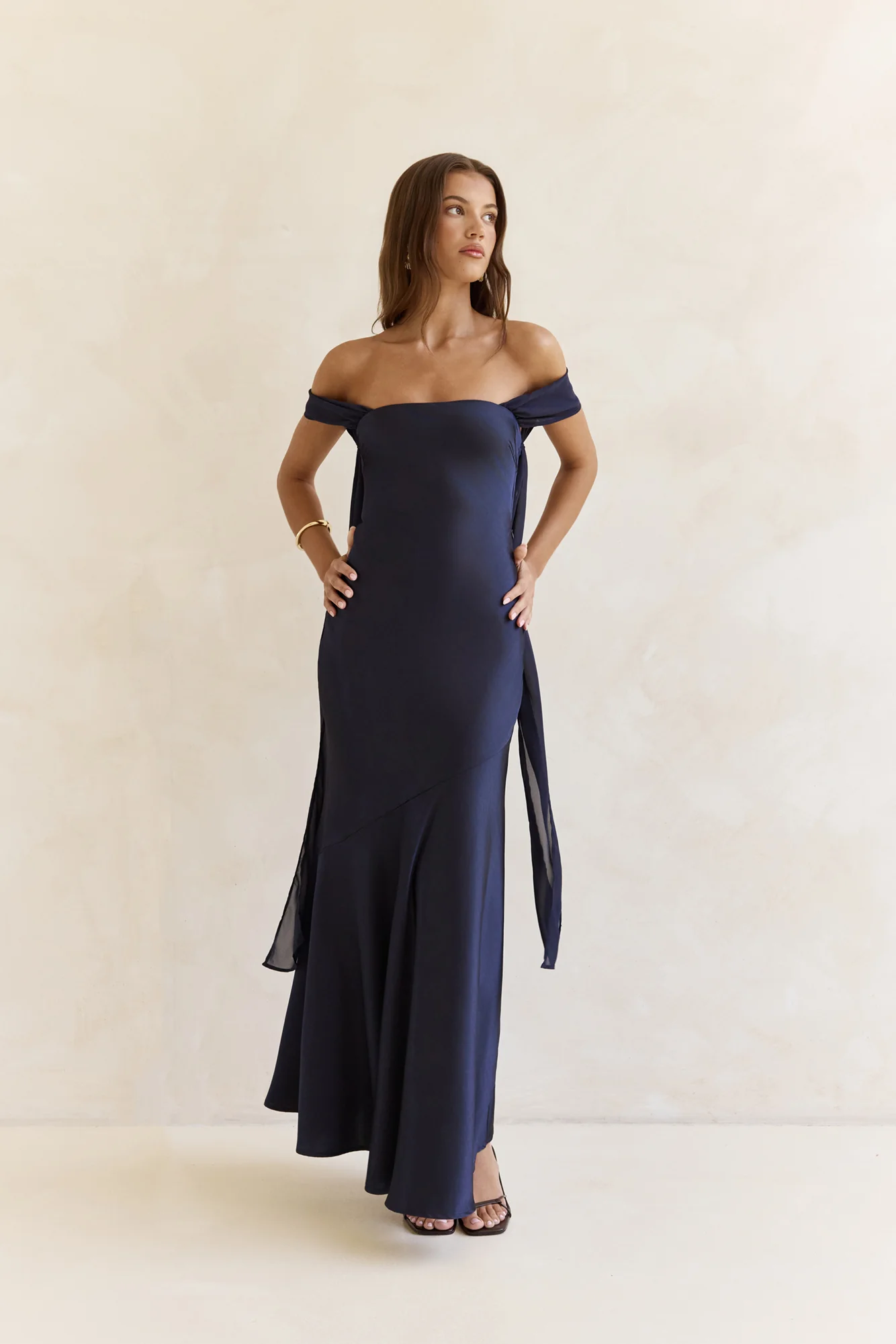 Late Night Dreams Off Shoulder Satin Maxi Dress Navy - luluinthesky