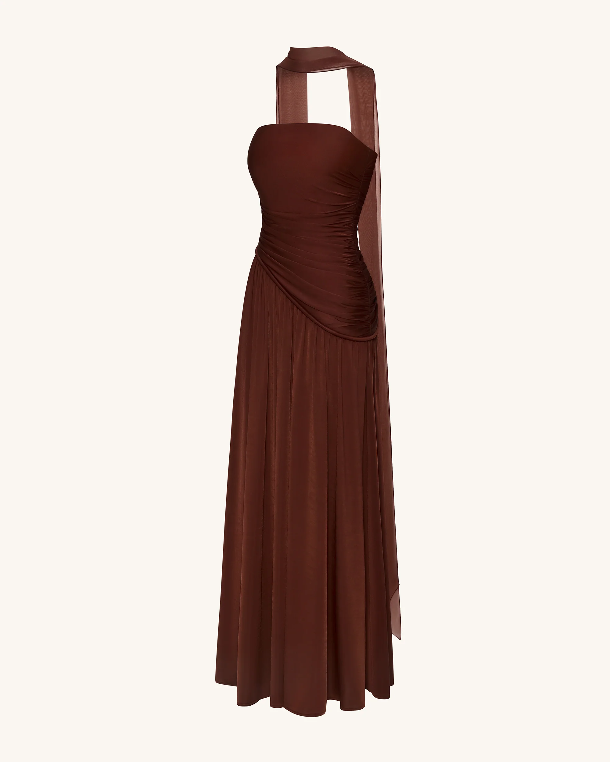 Ruched Panel Strapless Maxi Dress - Brown - FASHION NOB