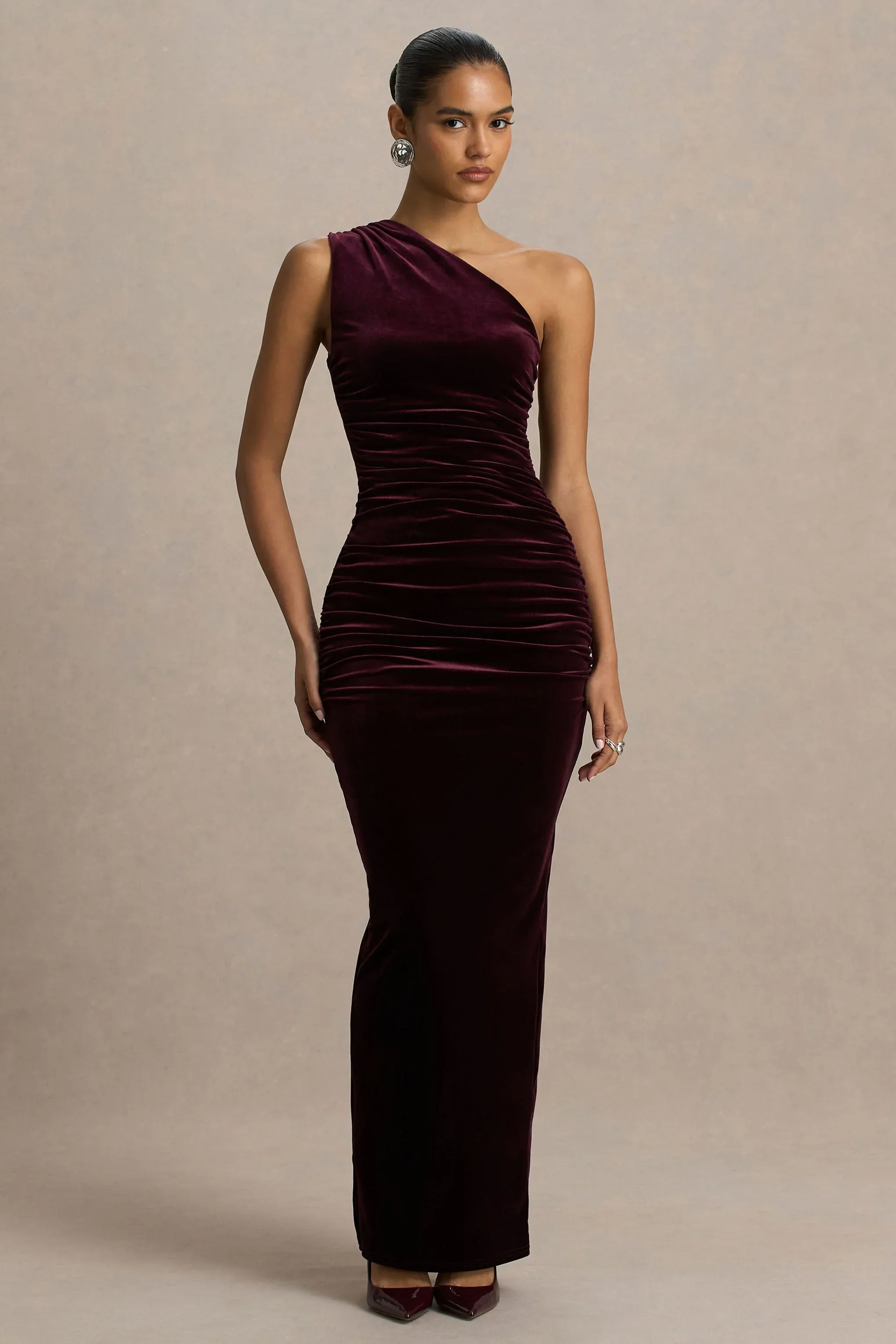 Treat | Burgundy Velvet Asymmetric-Neck Maxi Dress With Ruched Detailing.