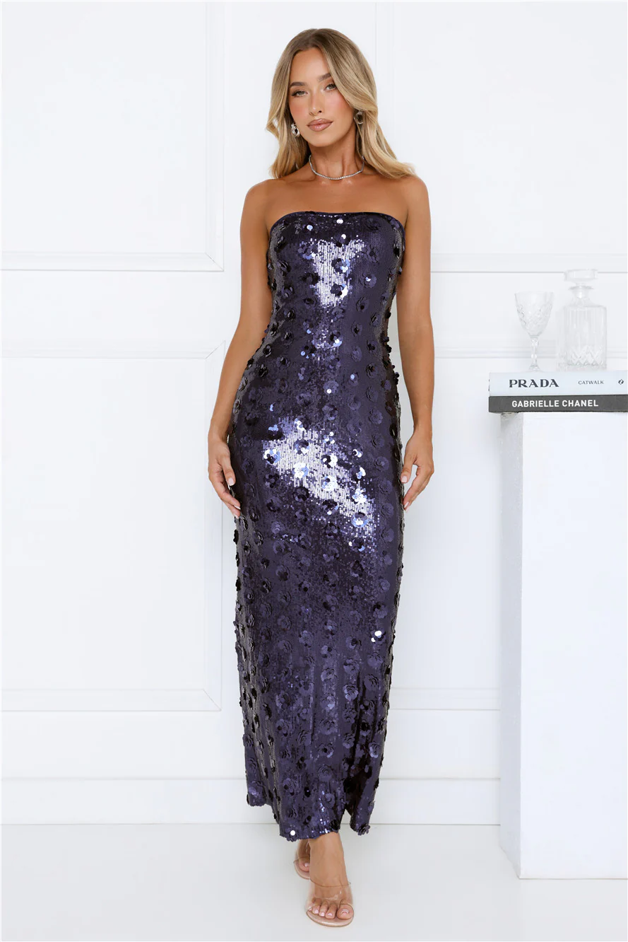 Shimmer Shine Sequin Strapless Maxi Dress Navy