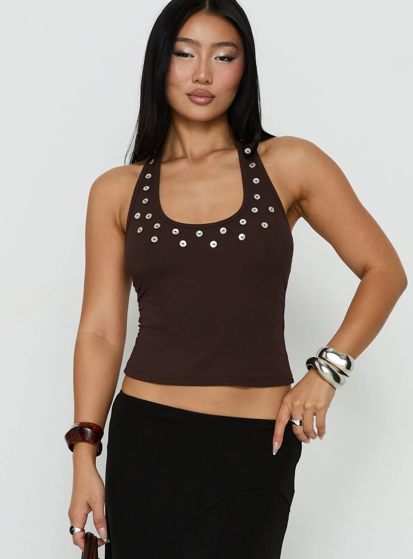 Renara Halter Ribbed Button Top Brown