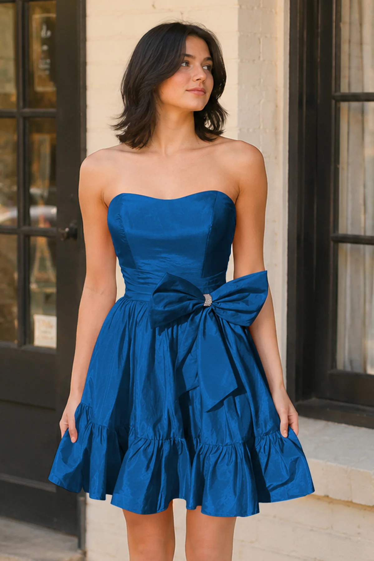Pink Strapless Ruffle Homecoming Dress with Bow