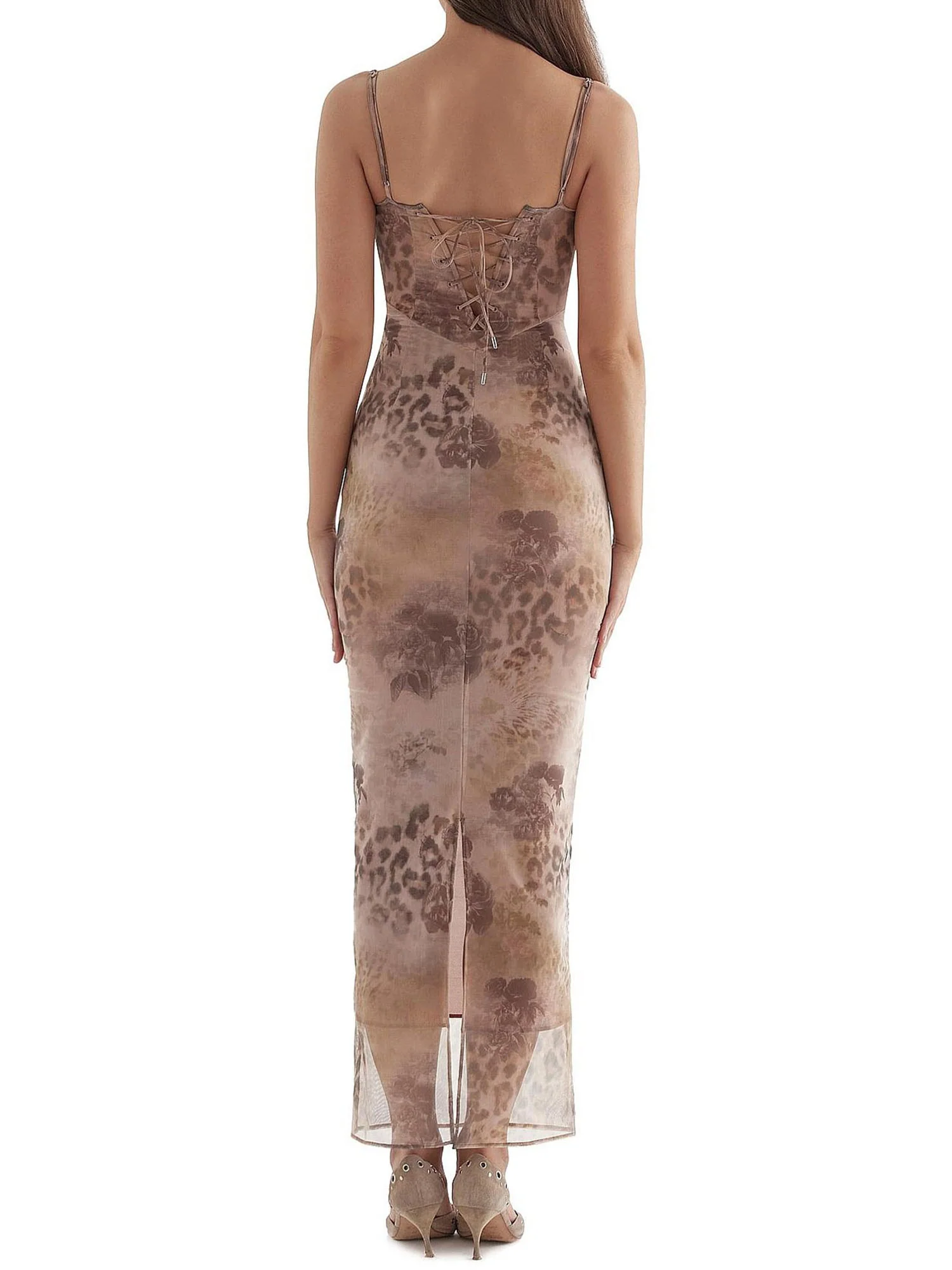 Taupe Sheer Leopard-Print Mesh Maxi Dress