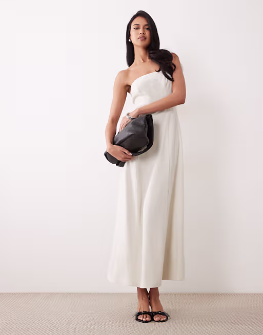 Miss Selfridge linen blend strapless maxi dress in stone