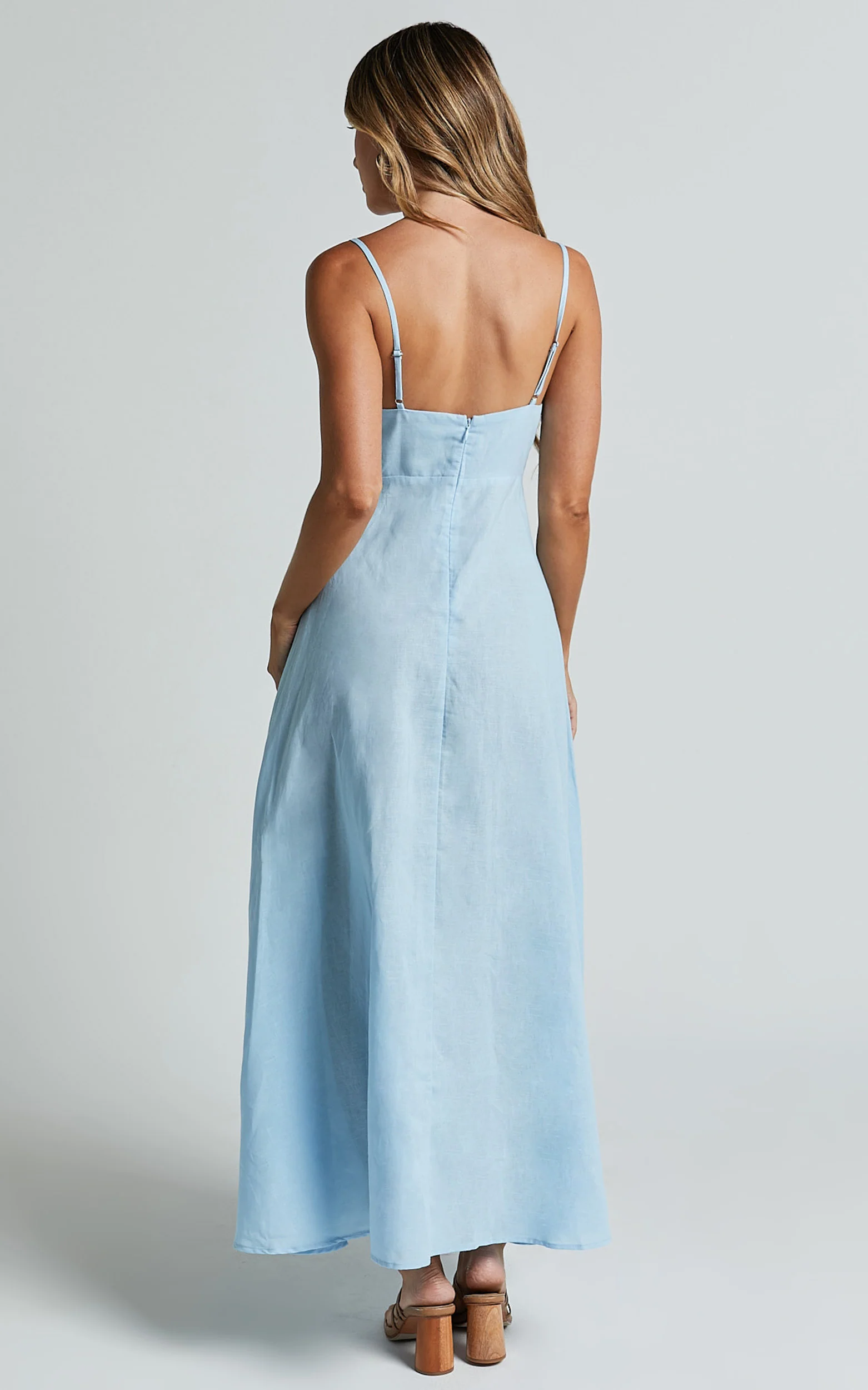 Brette Midi Dress - Linen Straight Neck Strappy Fit And Flare Dress in Blue