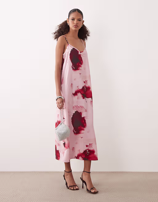 JDY midi cami dress in pink with floral print