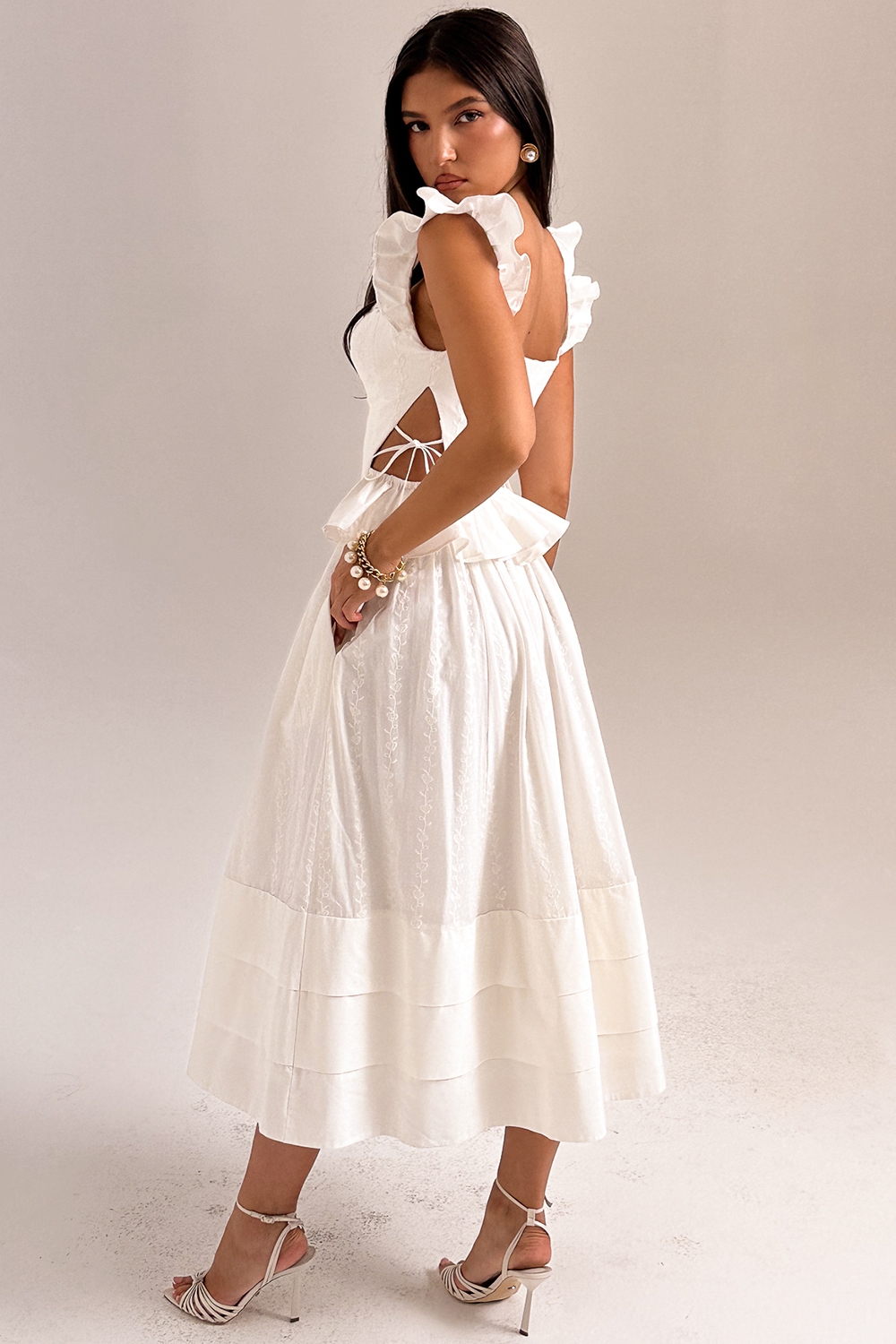 White Embroidered Cotton Midi Skirt