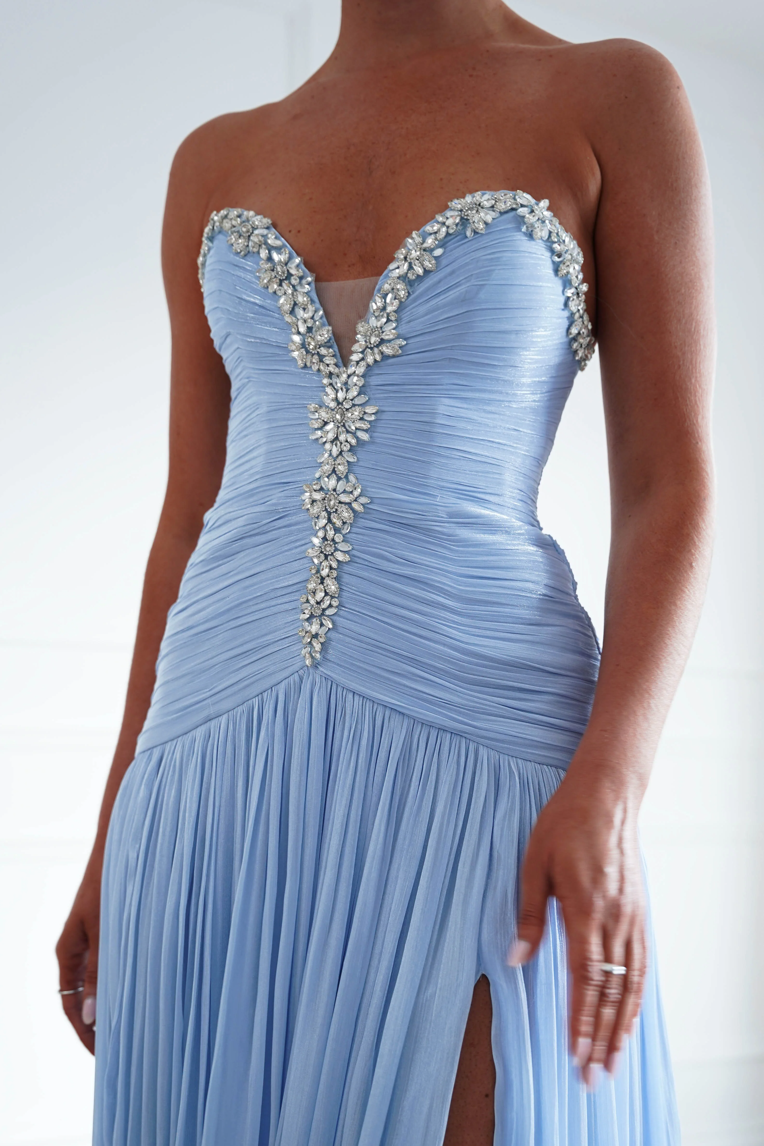 Estella Diamante Trim Ruched Maxi Gown | Blue