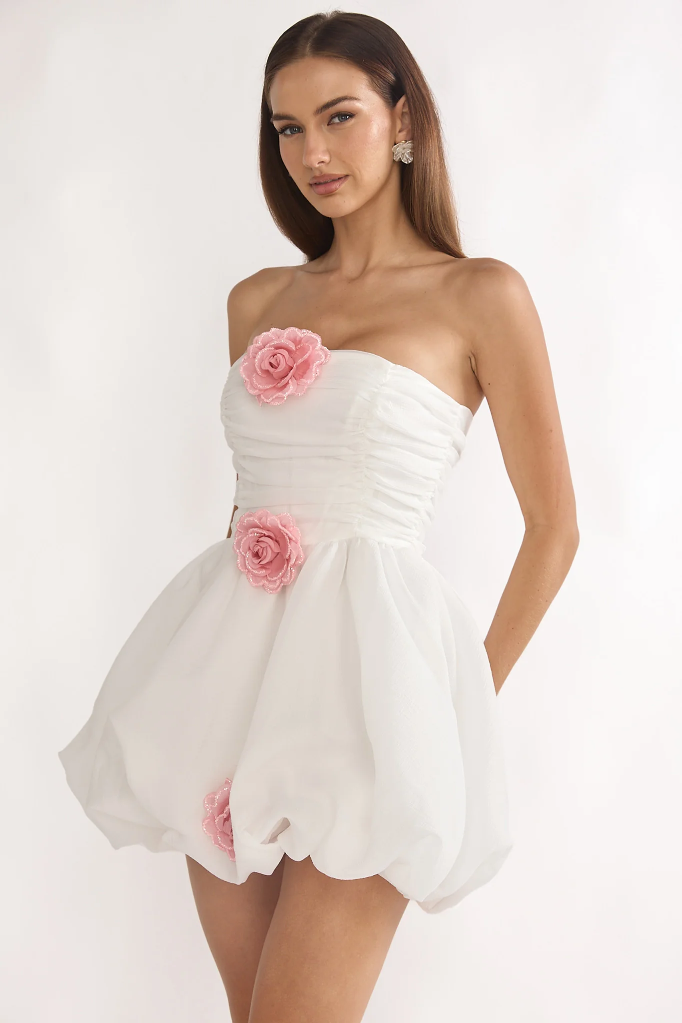 Cassandrae Rosette Strapless Mini Dress White - luluinthesky