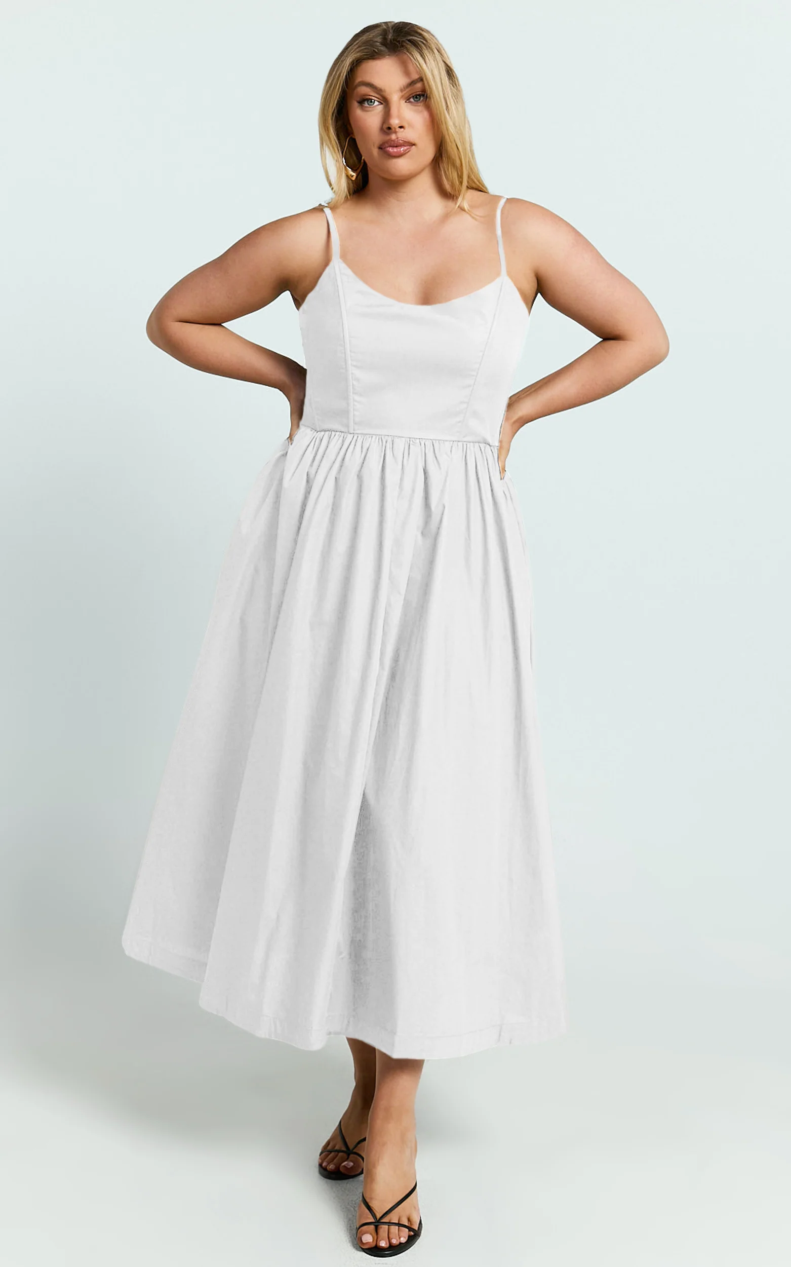 Braelyn Midi Dress - Scoop Neck Flare Dress in White