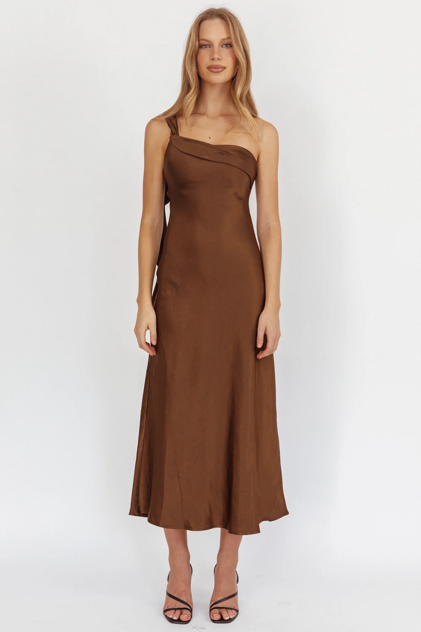 Carmel One-Shoulder Sash Maxi Dress Chocolate - luluinthesky